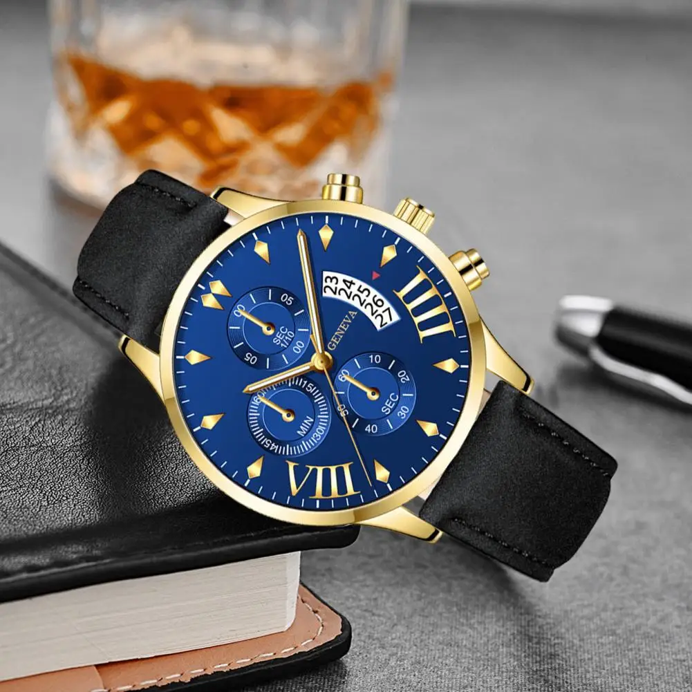 

Men Fromal Wristwatch High Accuracy Men's Quartz Watch with Adjustable Faux Leather Strap Round Dial Three Small Dials No Delay