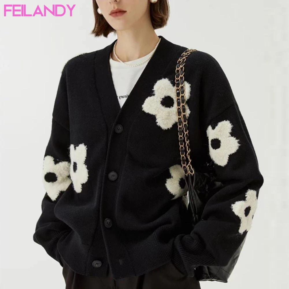 Feilandy Fashion Autumn Winter Sweater Women Coat New Outwear V-neck Floral Jacquard Single Breasted Oversized Knitted Cardigan
Feilandy Fashion Autumn Winter Sweater Women Coat New Outwear V-neck Floral Jacquard Single Breasted Oversized Knitted Cardigan
