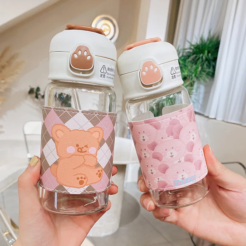 Kawaii Cartoon Glass Water Bottle with Straw 13oz Kawaii Cartoon Glass Water Bottle with Straw 13oz