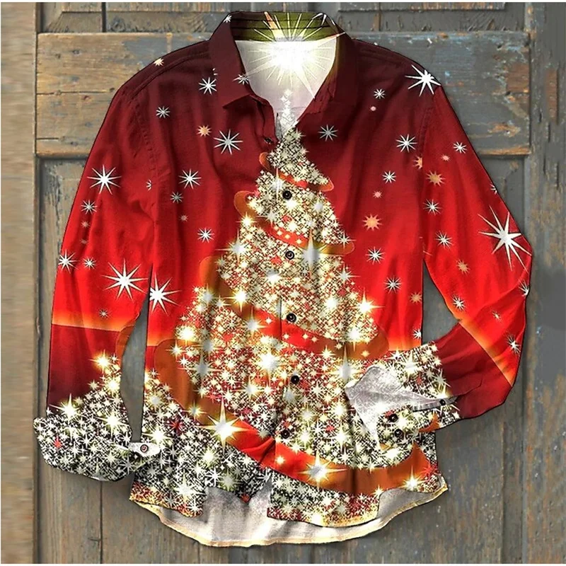 

2023 Christmas Gift Top Decoration New Long Sleeve Shirt Party Gold Snowflake New Year Christmas Holiday Button Shirt s-6xl