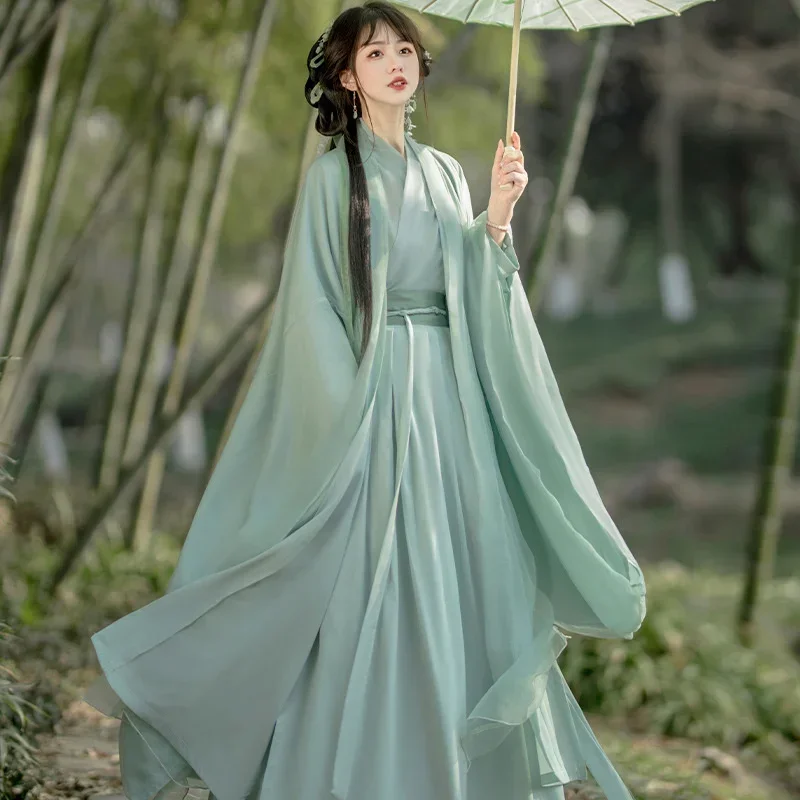 

Женская юбка с перекрестным воротником Hanfu, летний костюм в китайском стиле, ярко-зеленая юбка