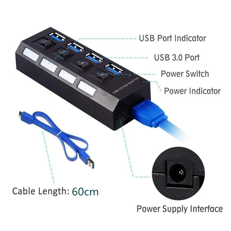 

USB Multi Splitter With Power Switch Supply Adapter 4 7 Port Usb HUB 3.0 For Macbook Pc Computer Laptops Notebook Accessories