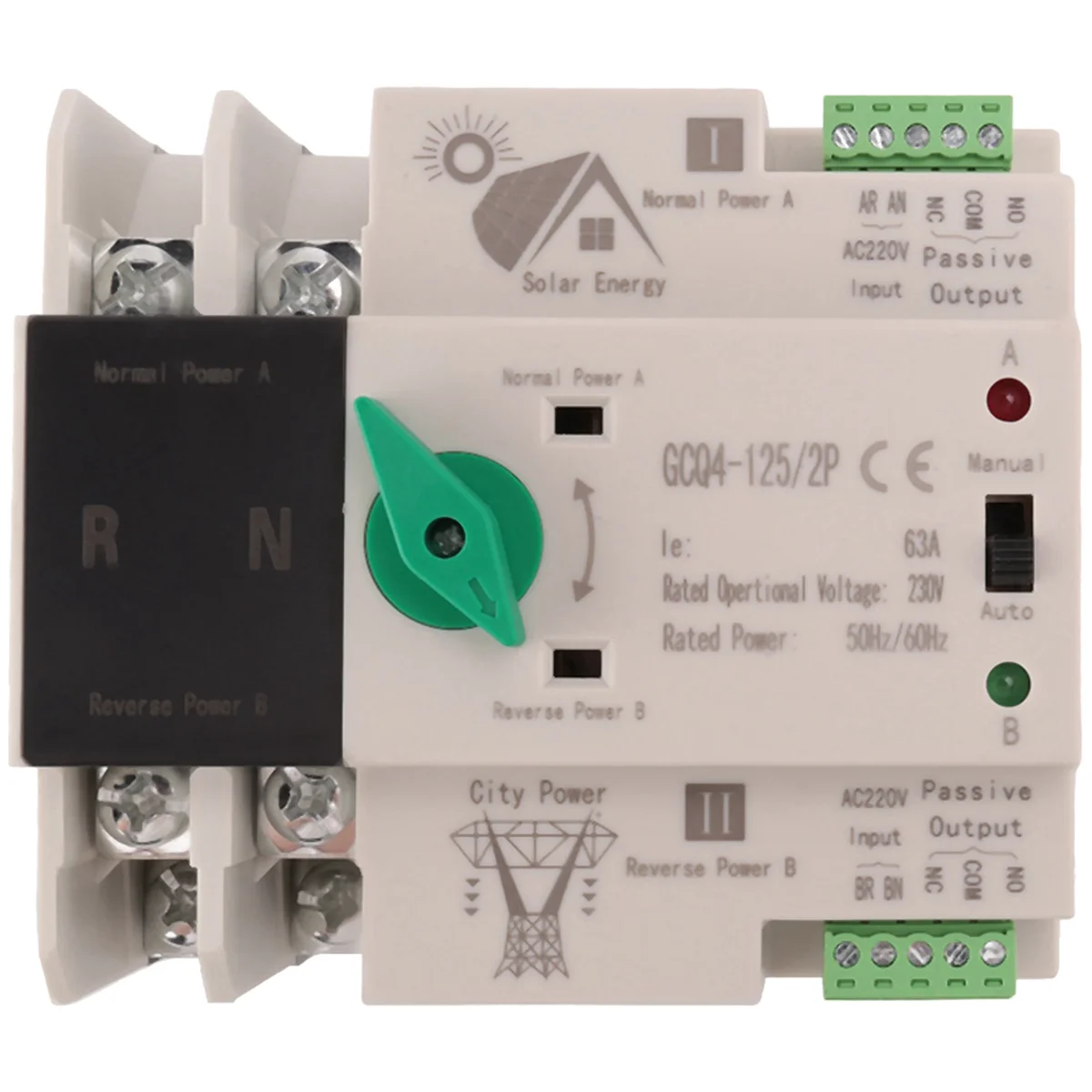 Photovoltaic Solar Power ATS Automatic Transfer Switch Din Rail 2P 63A AC220V ATS PV System Power to City Power
Photovoltaic Solar Power ATS Automatic Transfer Switch Din Rail 2P 63A AC220V ATS PV System Power to City Power