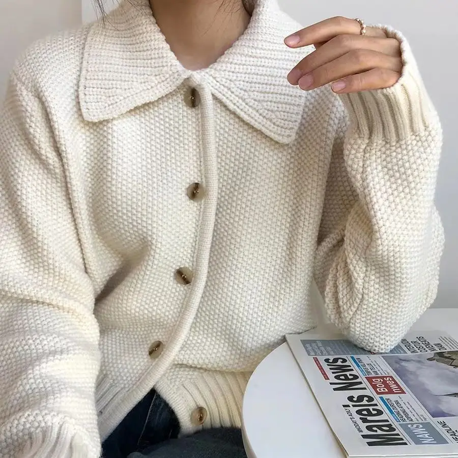 

2023 Spring Fashion Turndown Collar Cardigans Women New Splicing Knitted Sweater Cardigans Casual Elegant Tops Female Chic Coat