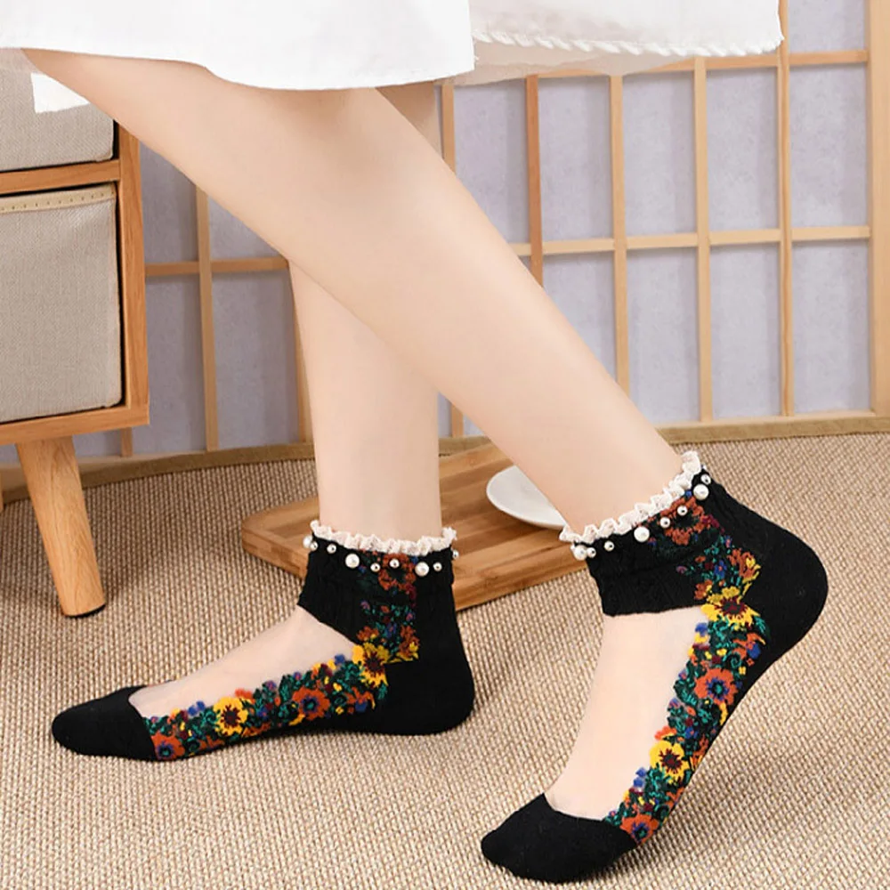 

Mesh Shallow Mouth Elastic Socks Embroidery Flowers Boat Stocking Lolita Transparent Short Hosiery Summer Breathable Socks