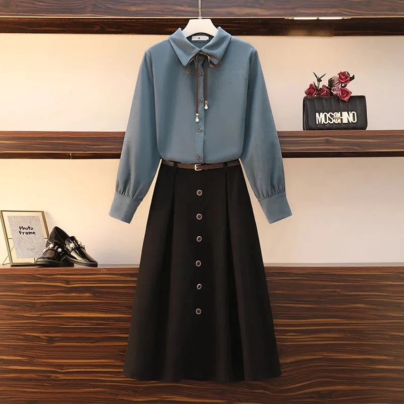 

Long sleeved autumn dress 2021 new mini-fat French blouse plus-size women's fat sister show thin meat set two-piece set