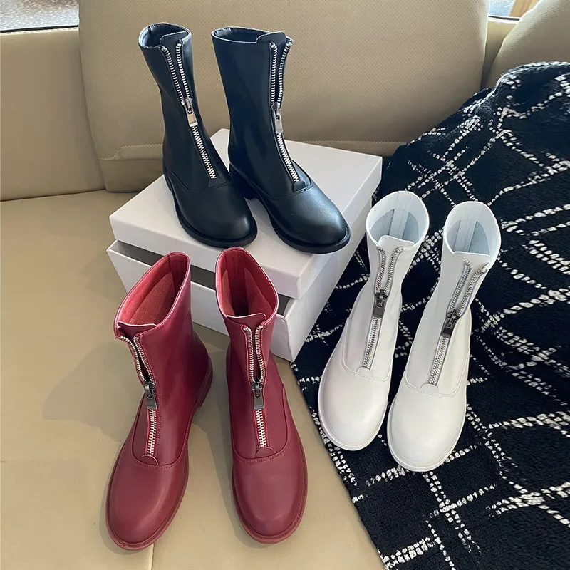 

New Design Women Fashion Shoes Street Trend Zipper Chelsea Boots Outdoor Mid-Calf Motorcycle Botas Femininas Zapatos Botines 6A