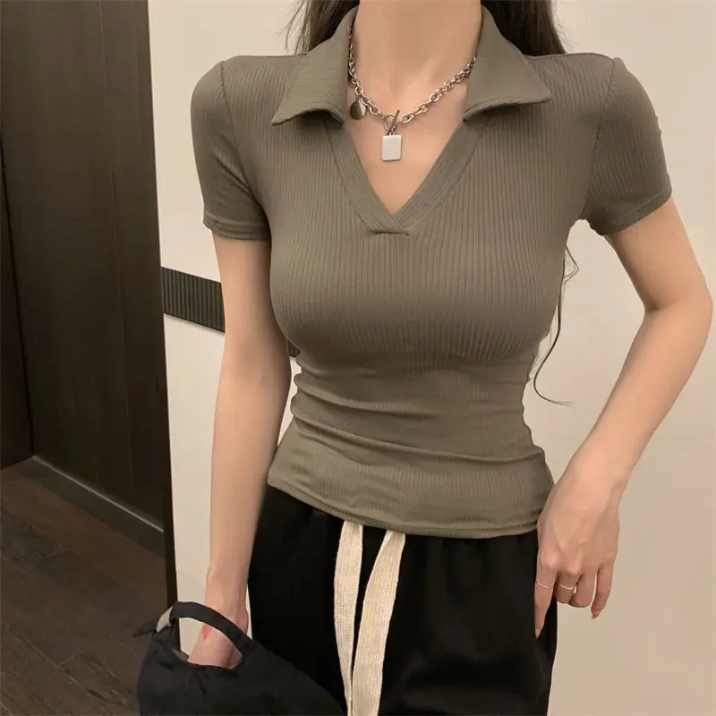 

Summer Polo Shirt Short Sleeve Straight Shoulder T-shirt Women New Short Tees Spicy Girls Design Sense Small People Slim Tops