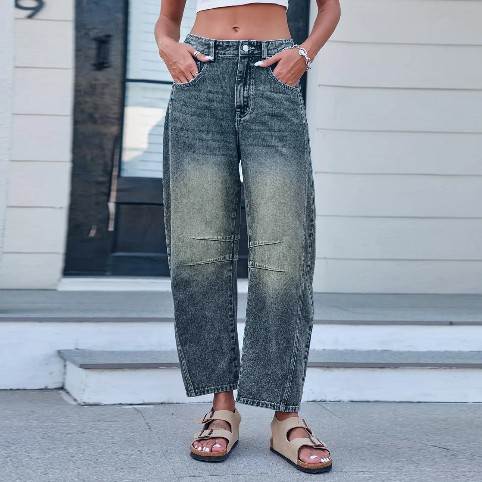 

Cropped Jeans for Women y2k Aesthetic Solid Color Low Waist Baggy Denim Trousers 2000s Fashion Boyfriend Tapered Pants