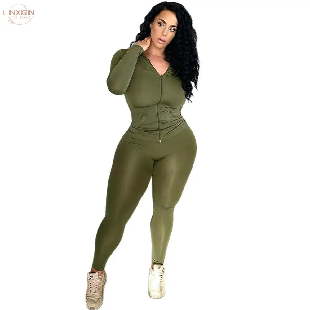 

Autumn Solid Fitness Long Sleeve Hooded Jackets+sporty Jogger Legging Women Fashion Matching Sets Stretchy Workout Tracksuits