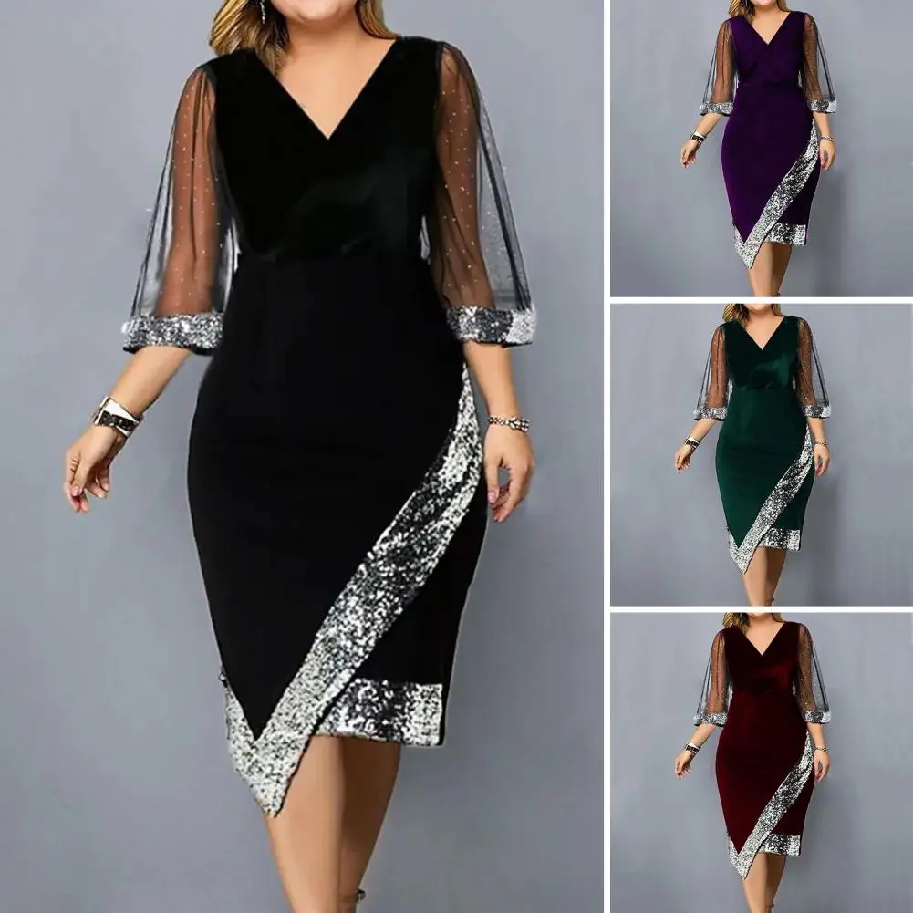 

Prom Midi Dress Elegant Sequin Mesh Midi Dress with Three Quarter Sleeves V Neckline Irregular Hem for Summer Parties Proms