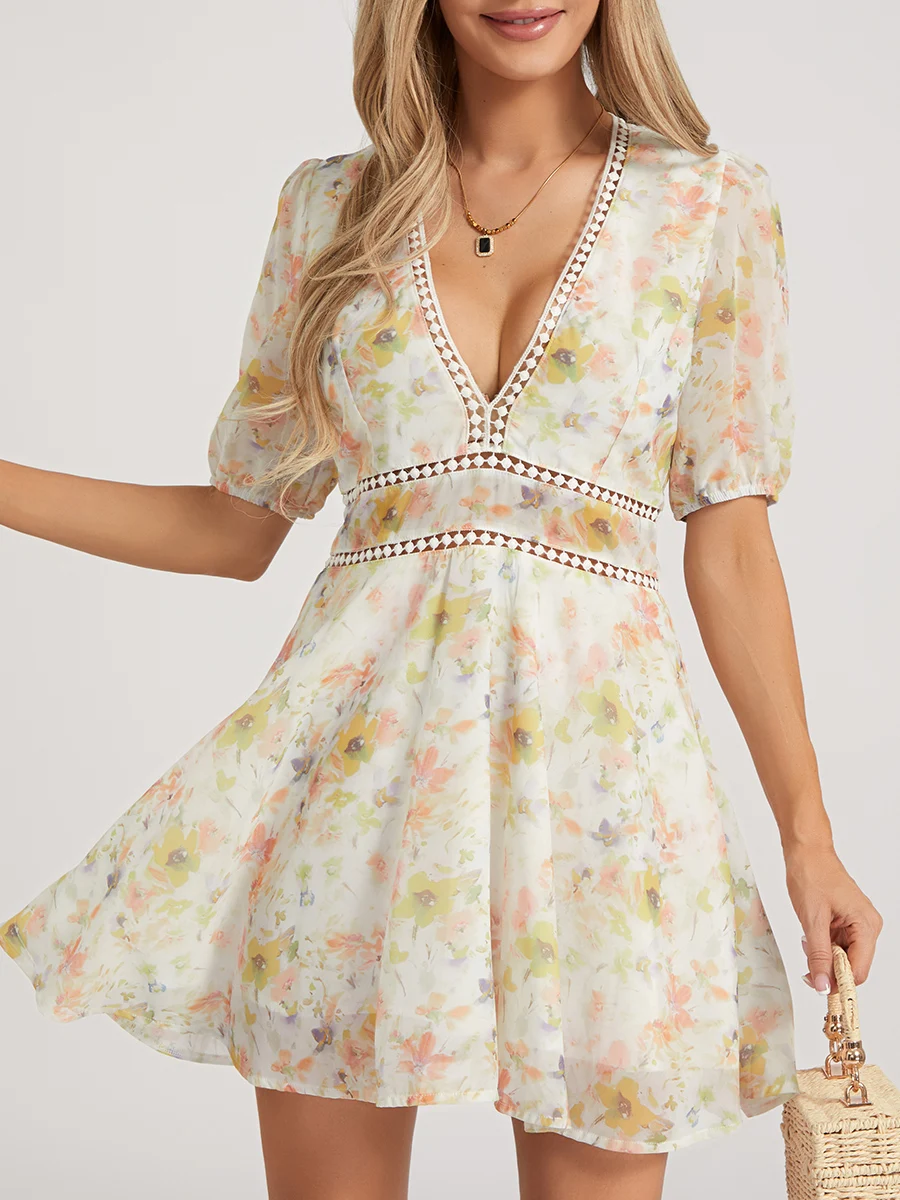 

Женское Летнее цветочное мини-платье wsevypo, элегантное пляжное платье-трапеция с коротким рукавом-фонариком, V-образным вырезом и высокой талией для фотографий