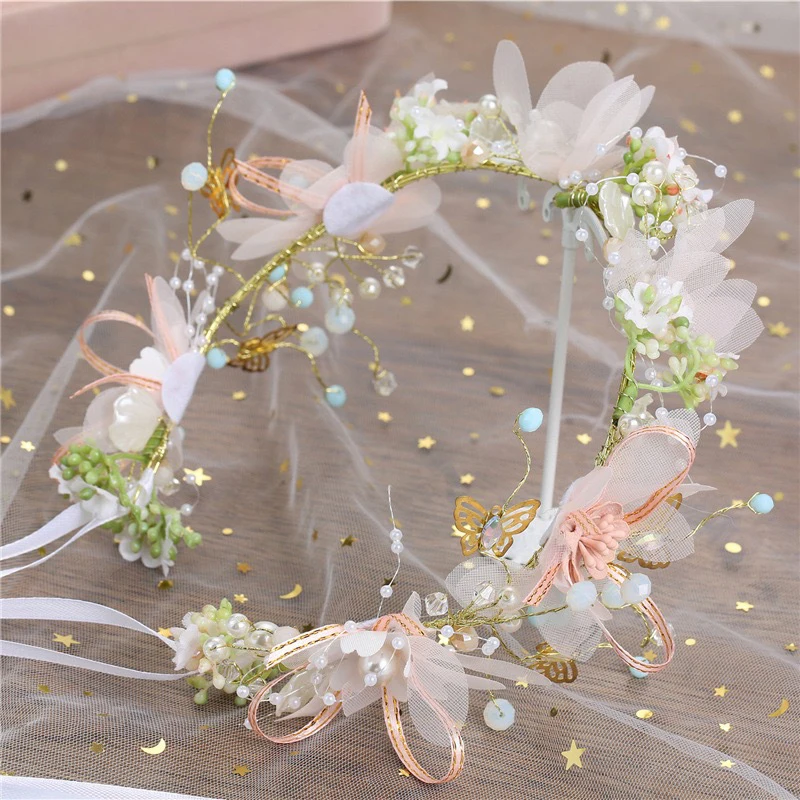 

Elegant Girls Bridal Flower Headband Romantic Pearl Headdress Wreath Bride Garland Head Hoop Wedding Headbands Hair Jewelry