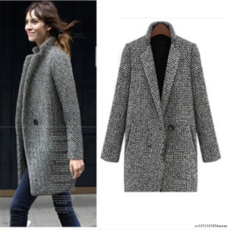 

2023 Winter Coat Women Houndstooth Woolen Coat Fashion Cotton Blend Single Button Pocket Oversize Trench Coat Outerwear Femme