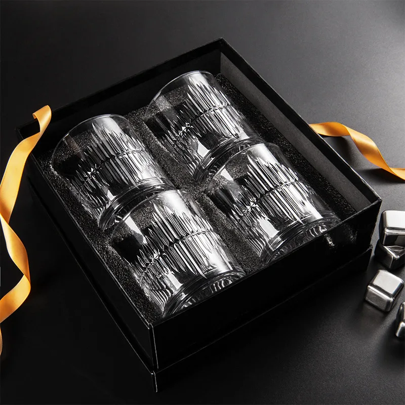 

4 Cups with Box Embossed Whiskey Glass Home European Crystal Glass Wine Cup Beer Cup Bar Gift Box Set Water Bottles Drinkware