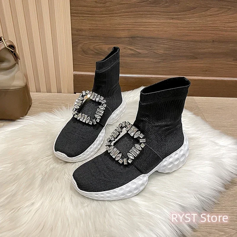 Women Square Crystal Buckle Sneakers Knitted Stretch Fabric Socks Ankle Boot Height Increasing Woman Vulcanize Shoes
Women Square Crystal Buckle Sneakers Knitted Stretch Fabric Socks Ankle Boot Height Increasing Woman Vulcanize Shoes
