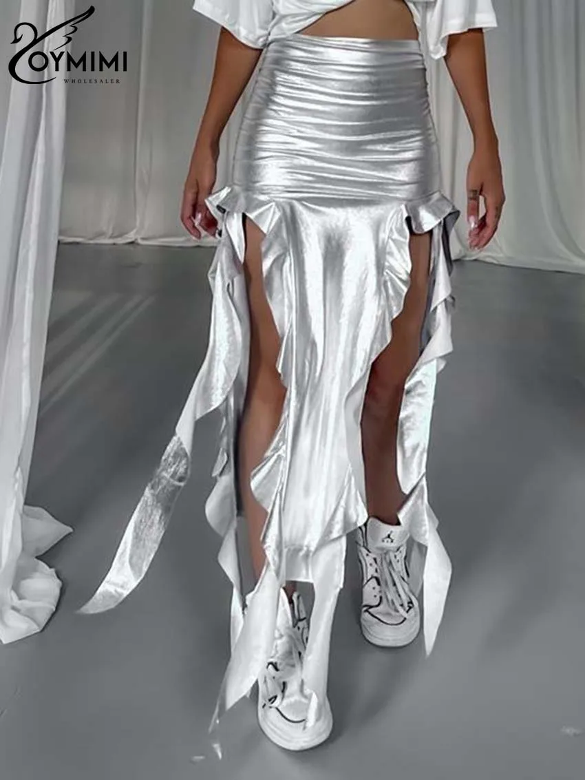 

Oymimi Fashion Slim Silver Skirts For Woman 2023 Casual High Waisted Ruffled Female Skirts Elegant Side Slit Ankle-Length Skirt