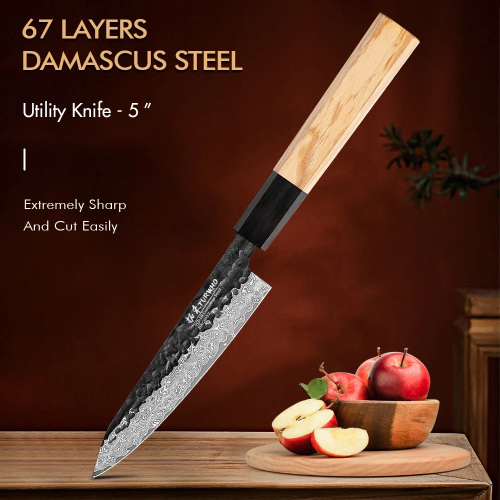 

TURWHO 5” Utility Knife Damascus Steel Handmade Hammer Pattern Japanese Kitchen Chef Knives Meat Fruit Paring Olive Wood Handle