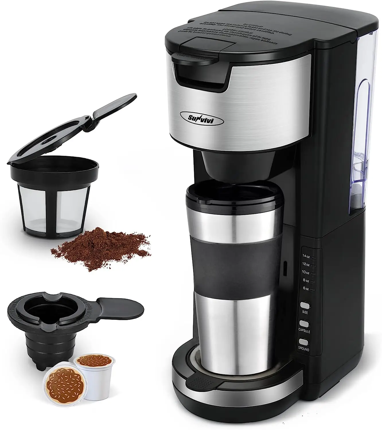 

Serve Coffee Maker For Single Cup Pods & Ground Coffee, One Cup Coffee Maker with 30 Oz Detachable Reservoir, 3 levels Adjus