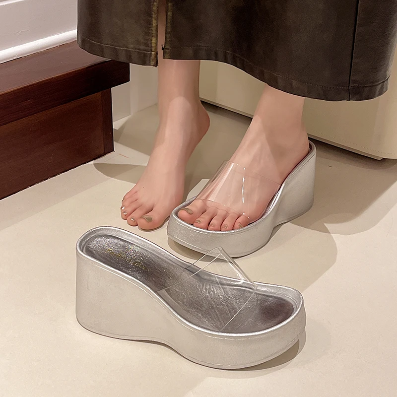 Летние прозрачные женские тапочки из ПВХ с открытым носком, модные женские туфли на танкетке и высоком каблуке, Zapatillas De Mujer