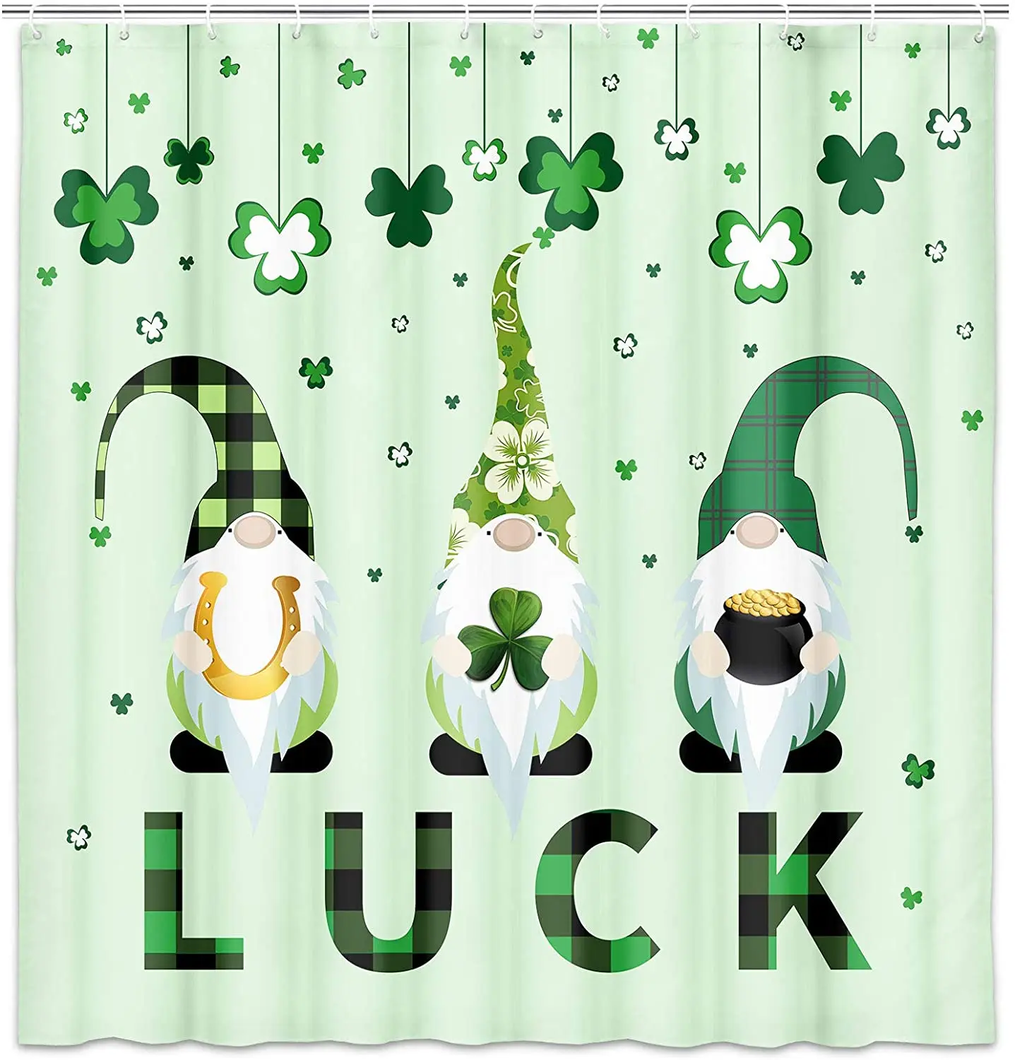 

St. Patrick's Day Shower Curtain Luck Gnomes Green Clover Fabric Bathroom Bath Shower Curtain Set with Hooks