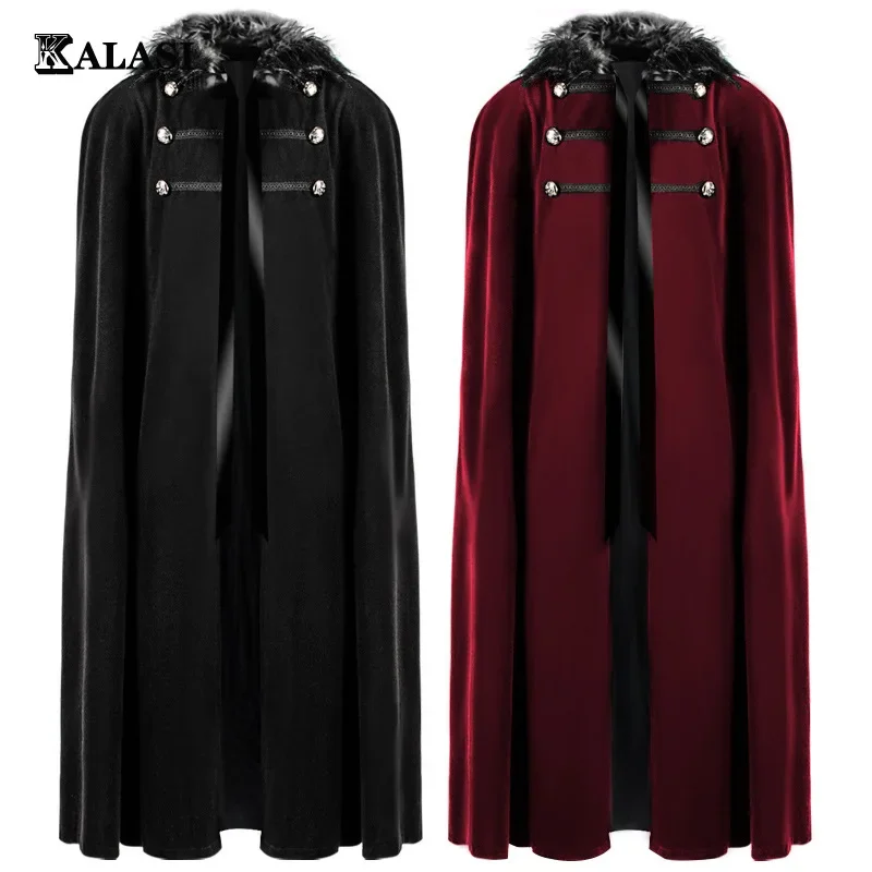 

Medieval Victorian Coat Cloak Viking Renaissan Fur Collar Pirate Cosplay Maxi Cape Halloween Gothic Steampunk Costume