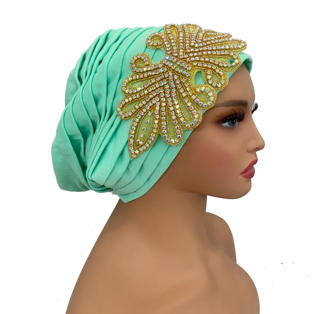 

African Female Head Wraps Muslim Headscarf Bonnet Turbante mujer Full Body Pleated Turban Cap for Women Glitter Diamonds Deco