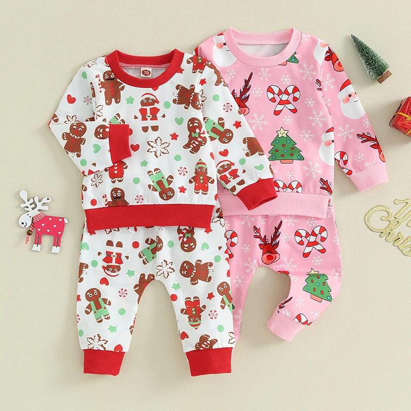 

2023-08-10 Lioraitiin 0-3Y Toddler Girl Christmas Outfit Santa Reindeer Gingerbread Print Long Sleeve Sweatshirt Drawstring Pant