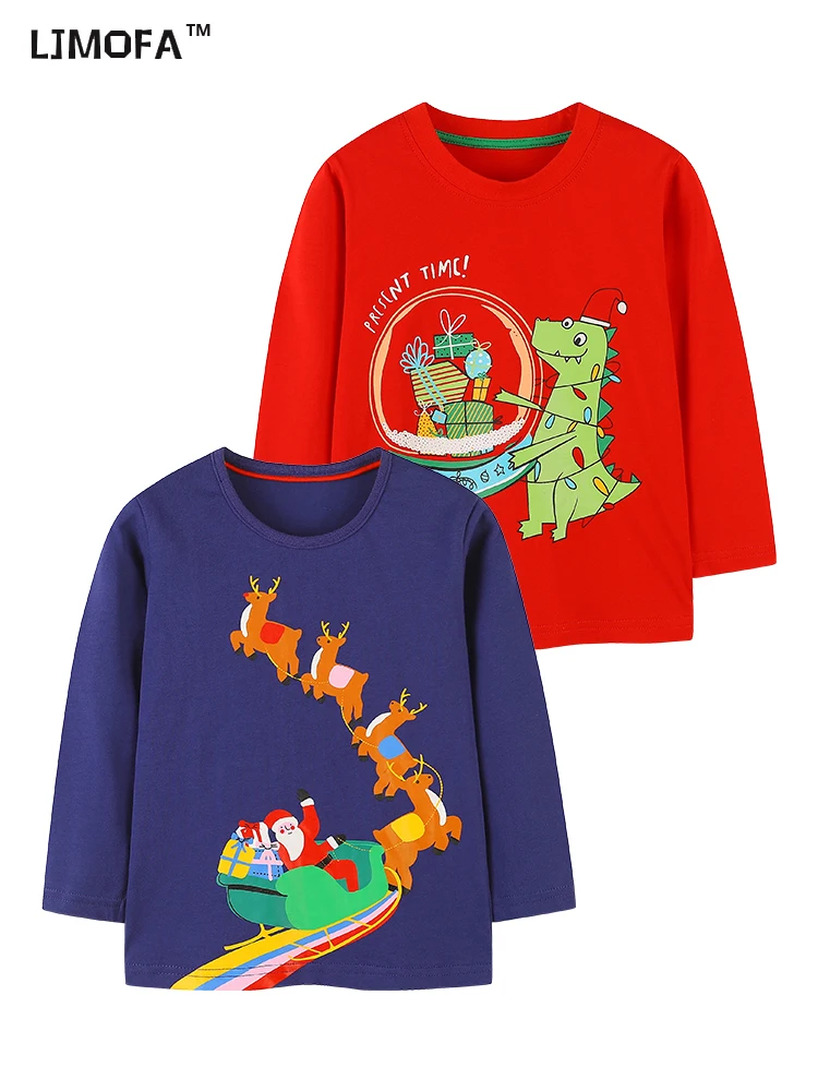 

Детская Рождественская футболка LJMOFA, Детские хлопковые повседневные топы с длинным рукавом, пуловер с мультяшным принтом Санта-Клауса, осенняя Толстовка D442