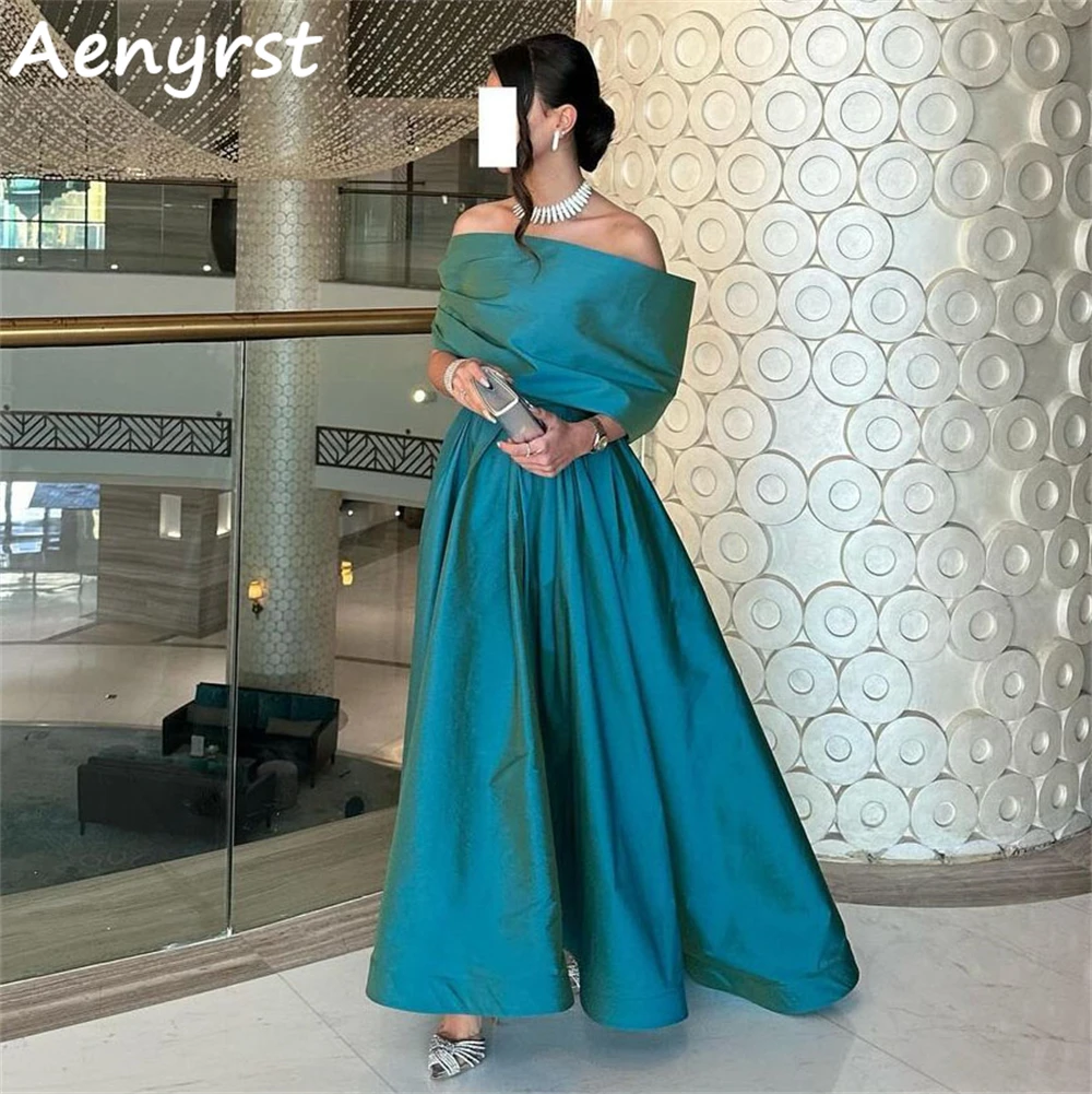 

Aenyrst Simple Off The Shoulder Boat-Neck Evening Dresses A Line Satin Prom Dress For Women Floor Length Dinner Occasion Gowns