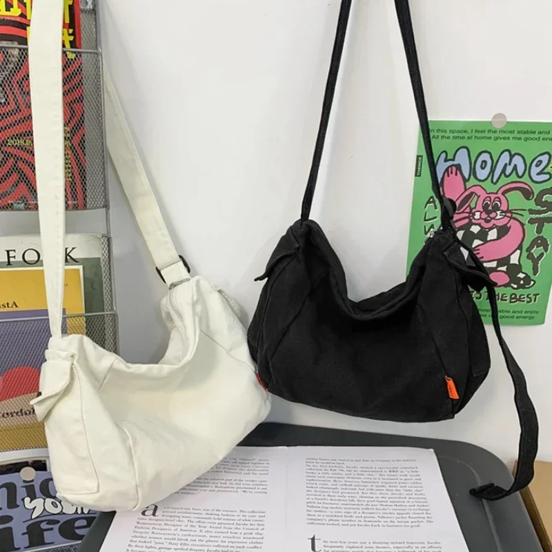 

Female Canvas Fabric Hobo Soft Slouchy Shoulder Bag Y2K Student Leisure Medium Size School Book Laptop Pouch Messenger Side Bag