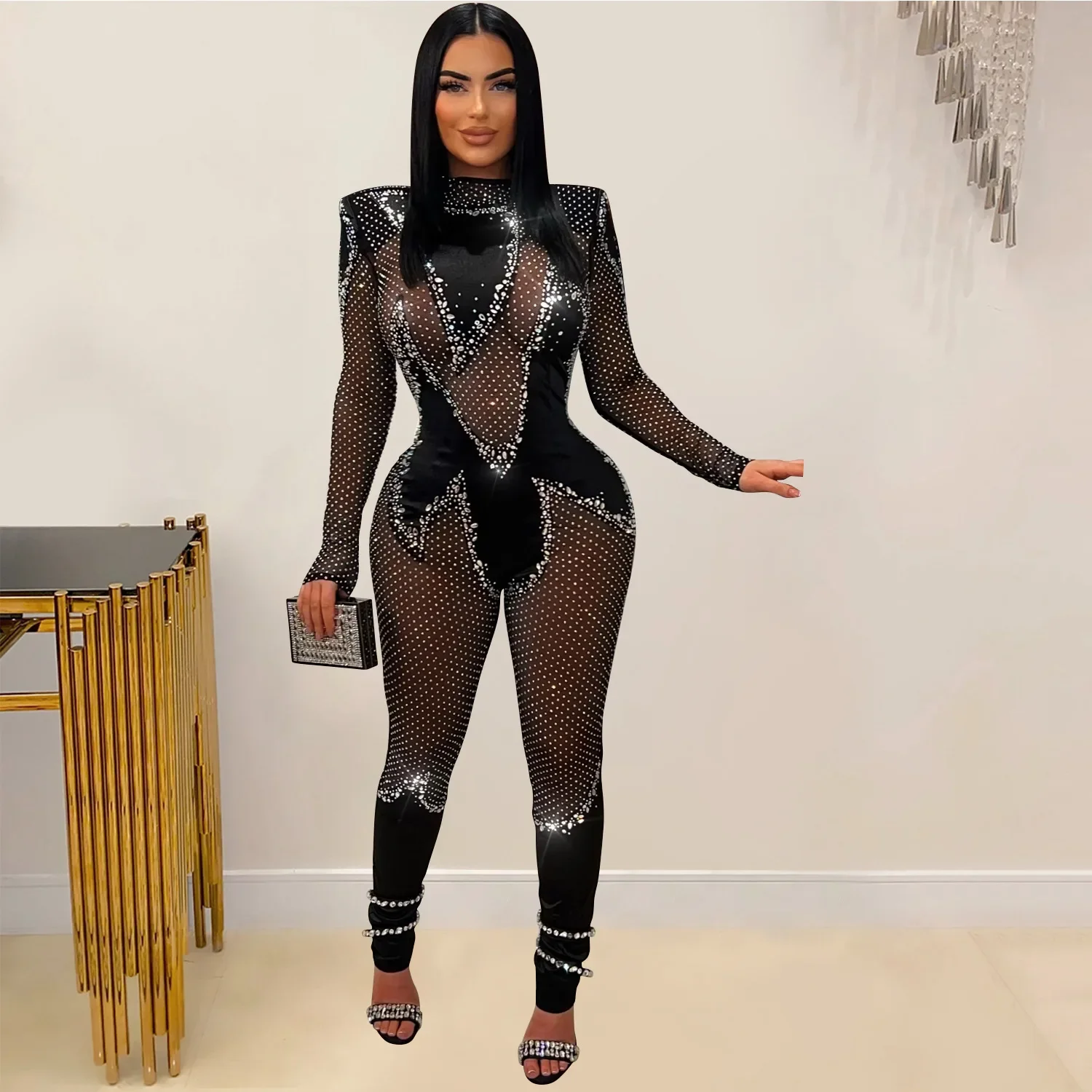 

Women 2024 Fashion Mesh See Though Diamonds Hot Rhinestones Sexy Party Club Jumpsuit One Piece Suit Romper Playsuits