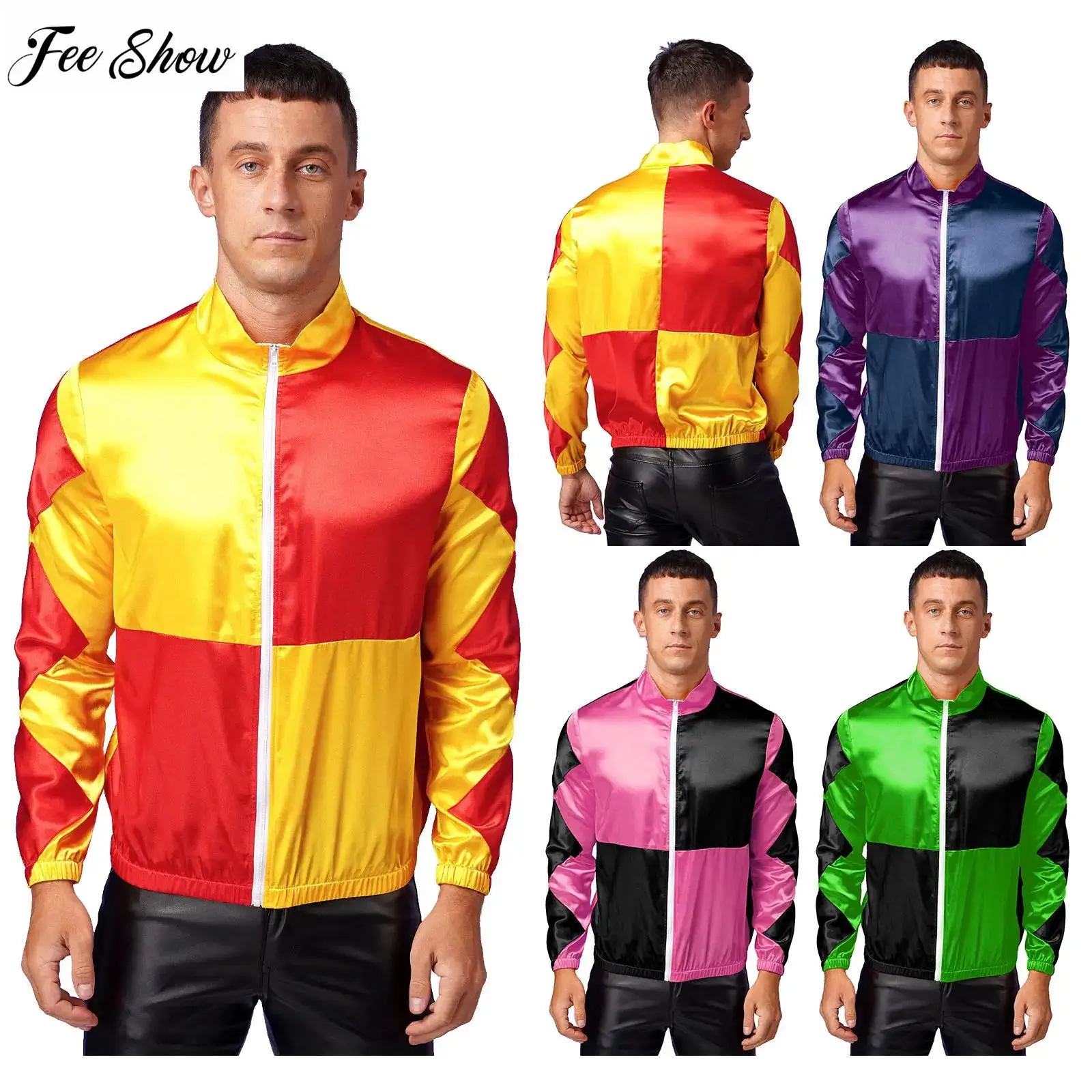

Mens Jockey Horse Shiny Satin Jackets Front Zipper Contrast Checkerboard Outerwear Horse Trainer Jockey Halloween Costumes