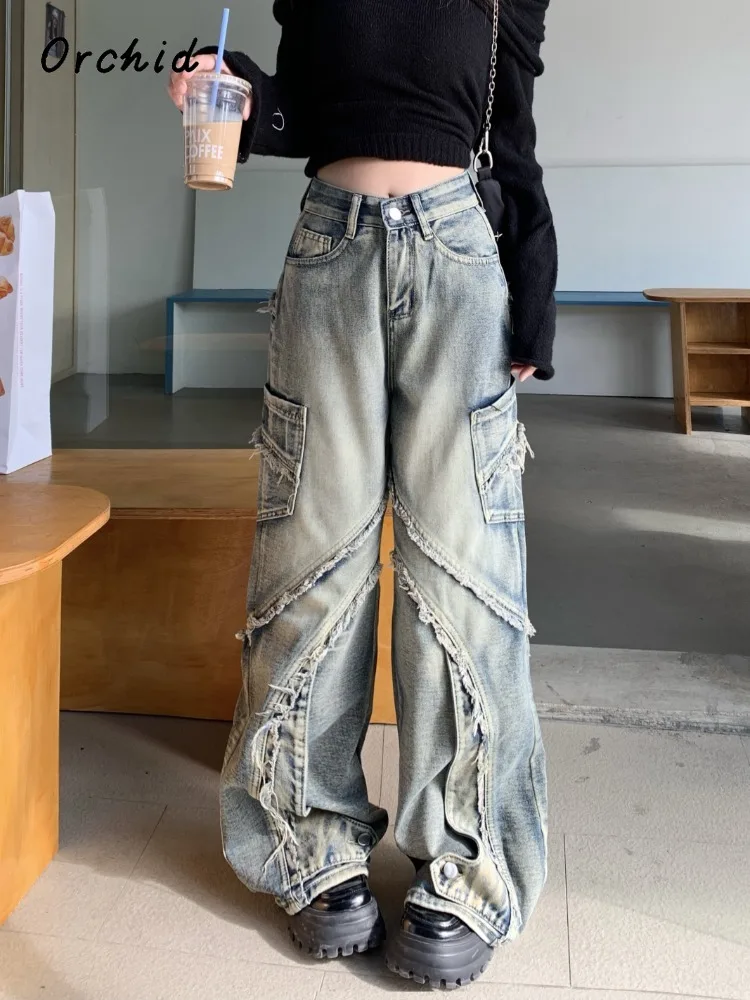 

American Vintage High Waist Tassels Jeans Women's Casual 2000s Pants Baggy Y2K Wide Leg Grunge High Street Pockets Denim Trouser