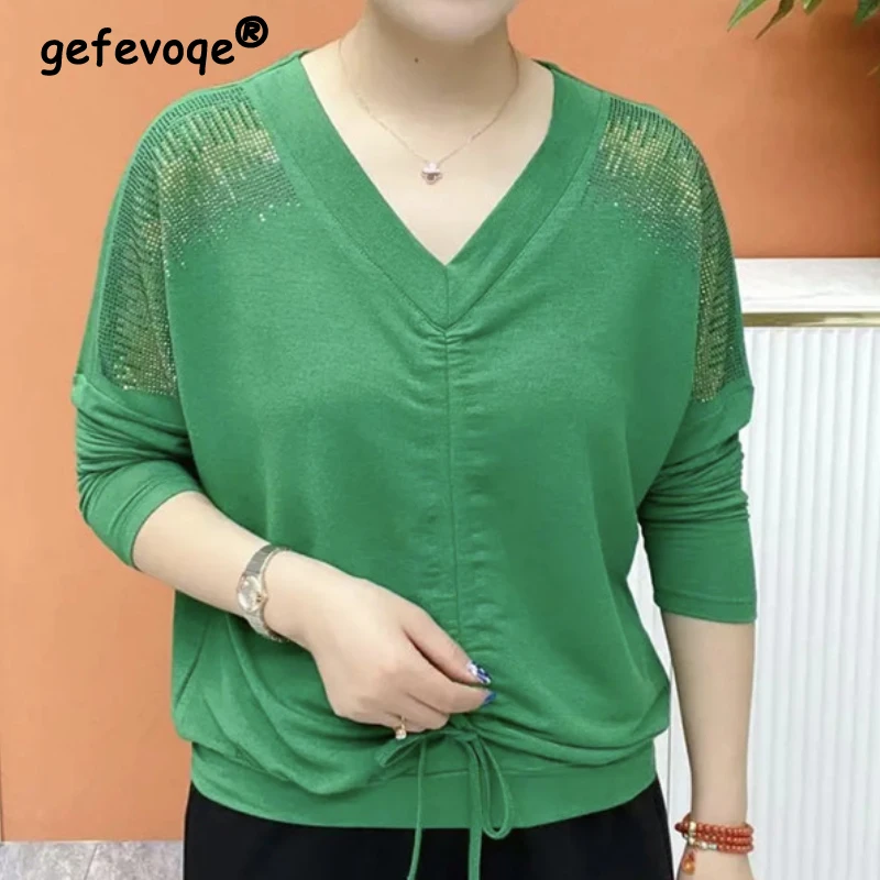 V-Neck Fashion Diamond Spliced Solid Drawstring Tops Casual Commute Thin Long Sleeve Loose Pullovers T-shirt Women's Clothing
V-Neck Fashion Diamond Spliced Solid Drawstring Tops Casual Commute Thin Long Sleeve Loose Pullovers T-shirt Women's Clothing