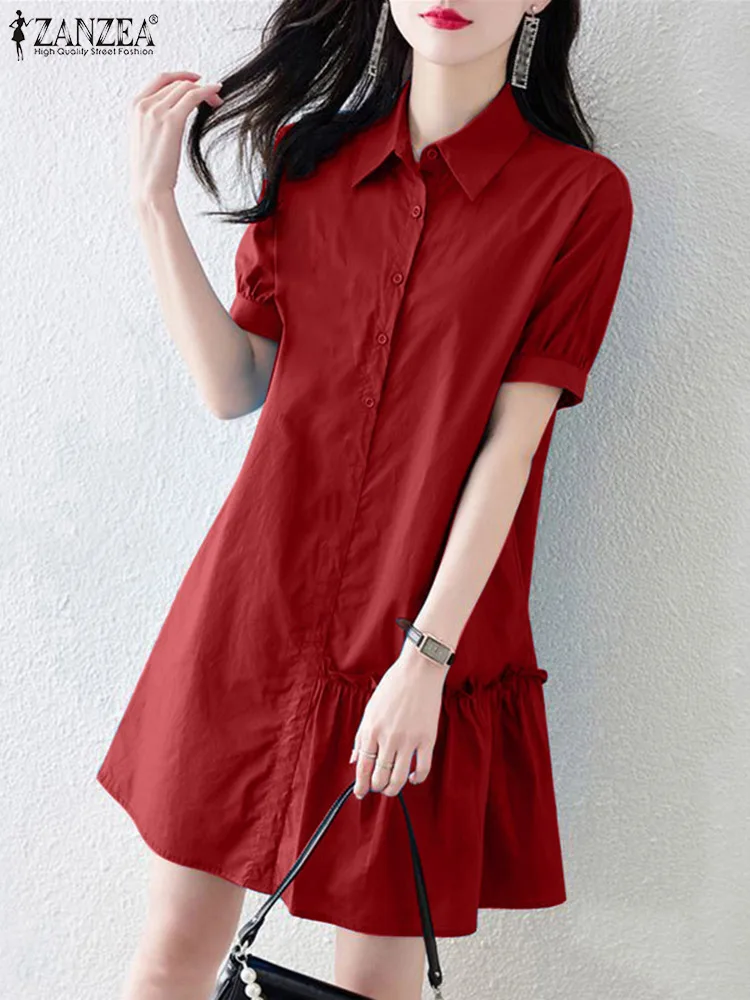 

ZANZEA Women Lapel Neck Shirt Dress Ruffled Hem Summer Elegant Casual Mini Dress Short Puff Sleeve Fashion Solid Work Sundress