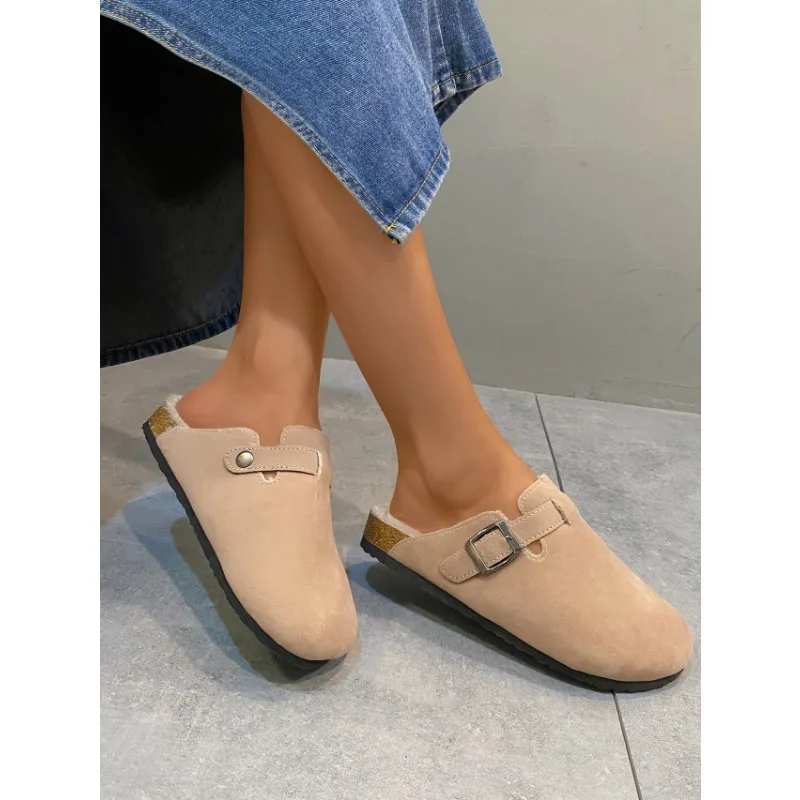 

2024 Autumn Women's Flat Cork Clogs Shoes Fashion Closed Toe Suede Platform Slippers for Women Outdoor Casual Slides Shoes