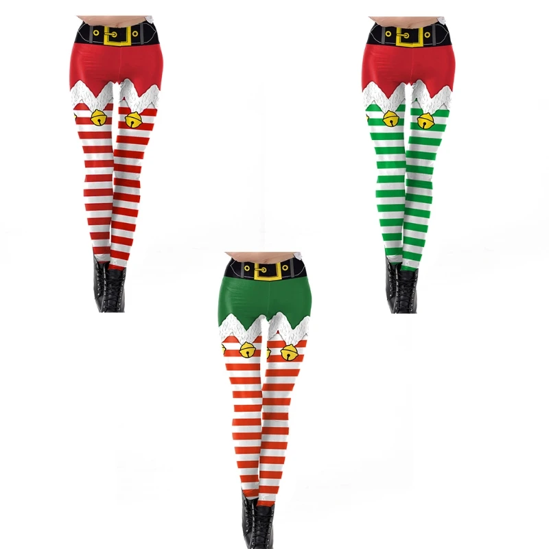 

Women Ugly Christmas Fake Elf Shorts Print Leggings Funny Belt Striped Santa Holiday Tights Mid Rise Xmas Festival Cosplay Pants