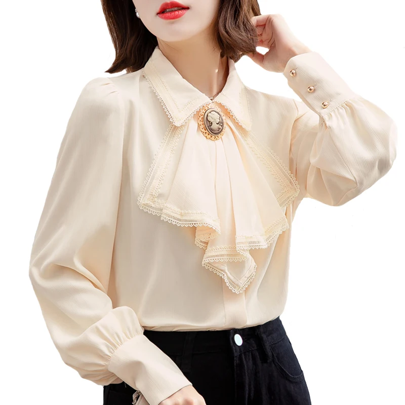

Retro Blue Chiffon Blouse Shirt Autumn Spring Bowknot Workwear OL Tops Elegant Women Long sleeve Lace shirt