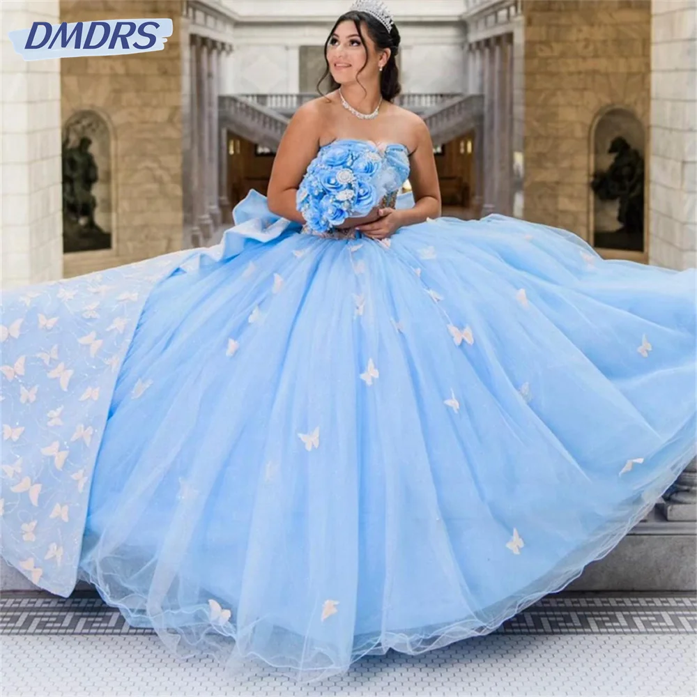 

Elegant Strapless Princess Ball Gown Charming Quinceanera Dress Romantic 3D Flowers Applique With Cape Sweet 16 Dress Vestido De