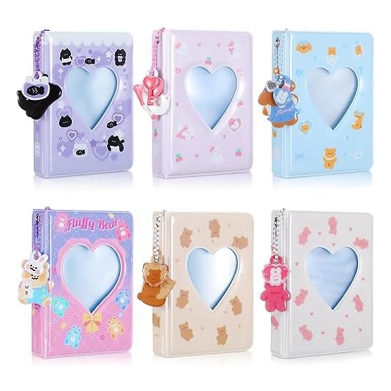 

6Piece 3 Inch Kpop Photocard Binder Mini Photo Album Love Heart Photo Card Holder 40 Pockets With Bear Pendant