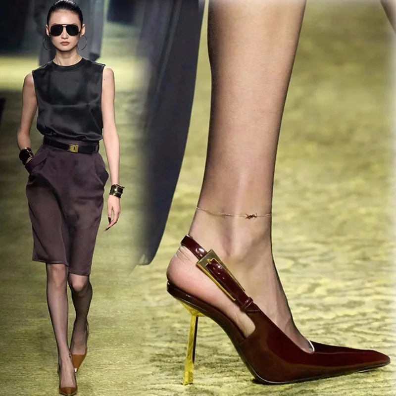 

Сандалии женские на очень высоком каблуке, туфли-лодочки из лакированной кожи, с металлической пряжкой, заостренным носком, с низким задником, большие размеры