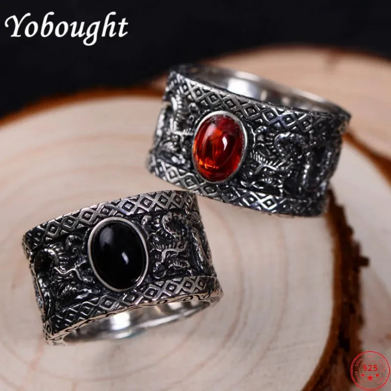 

S925 sterling silver rings for men women new fashion simple vintage Garnet agate Double Dragon playing Pearl wide ring wholesale