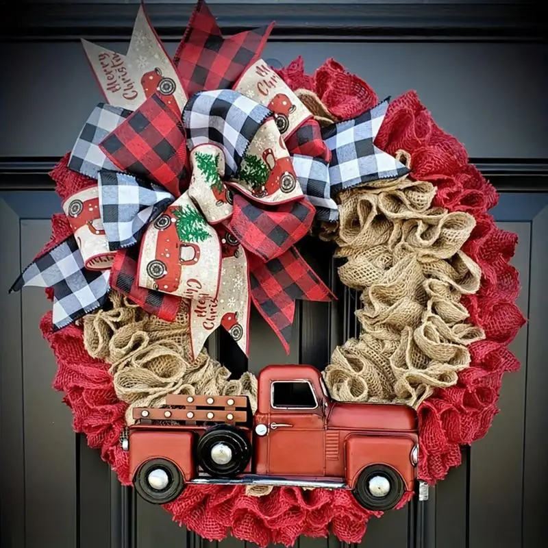

Colorful Ribbon Bow Holiday Wreath 40cm/15.74inch Merry Christmas Red Truck Seasonal Home Decor Farmhouse Rustic Wreath