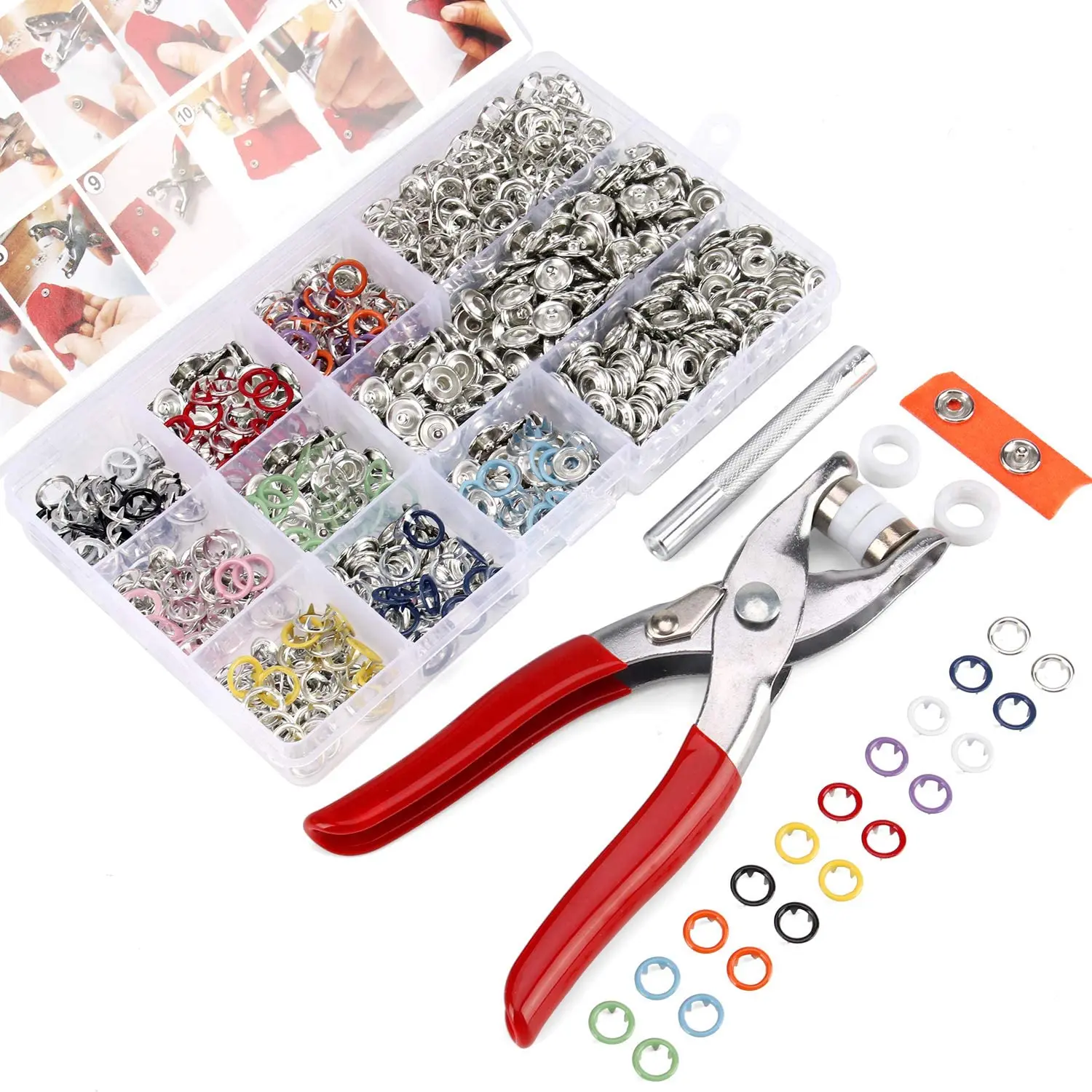 

100/200 Sets Snap Fasteners Kit Tool,9.5mm Metal Snap Buttons Rings with Fastener Pliers Press Tool Kit Snap Button for Sewing