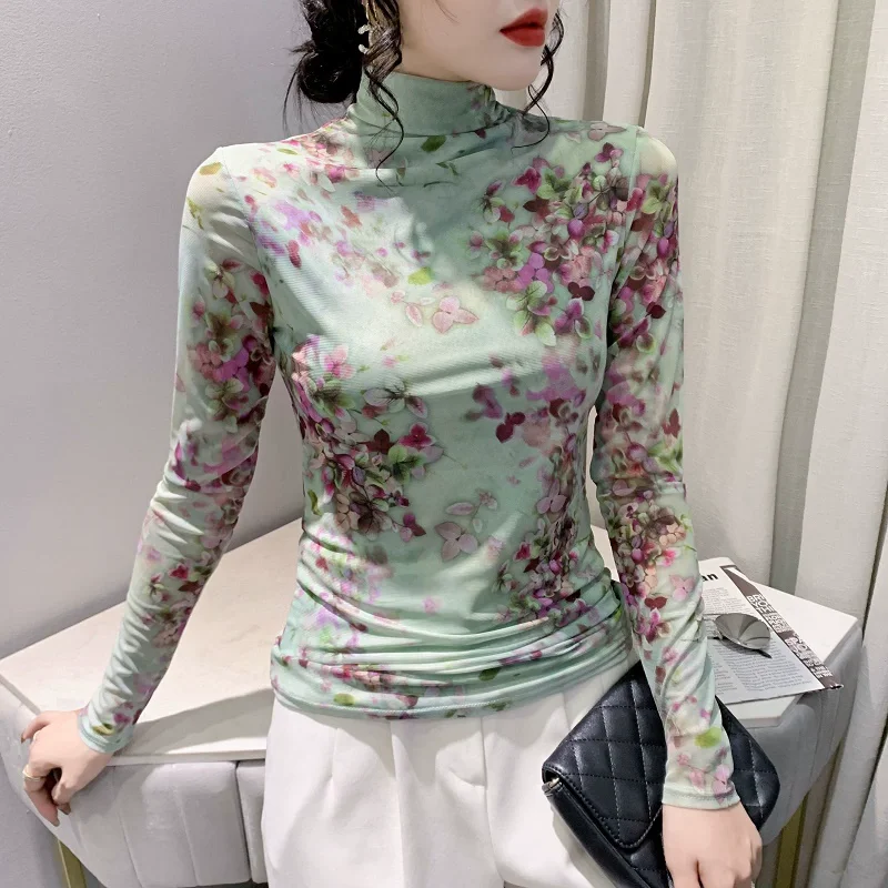 

2023 Autumn Winter Thick Mesh T Shirt Women Turtleneck Full Sleeve Printed Flowers Base Tees Female Sweet T-shirts FF6617