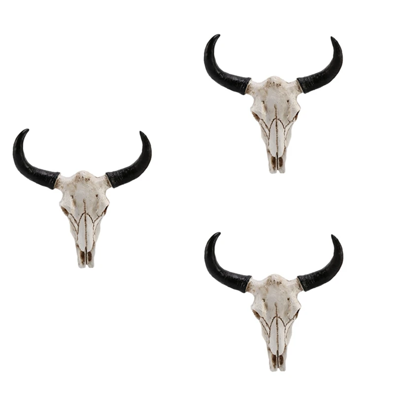 

3X Resin Longhorn Cow Skull Head Wall Hanging Decor 3D Animal Wildlife Sculpture Figurines Crafts Horns