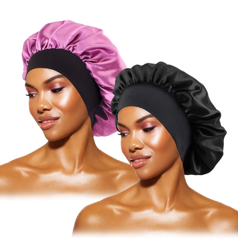 

2PCS/LOT Elastic Wide Edge Satin Bonnets Fashion Adult Nightcap Beauty And Make Up Hats Women Dustproof Oil Fume Hair Care Cap