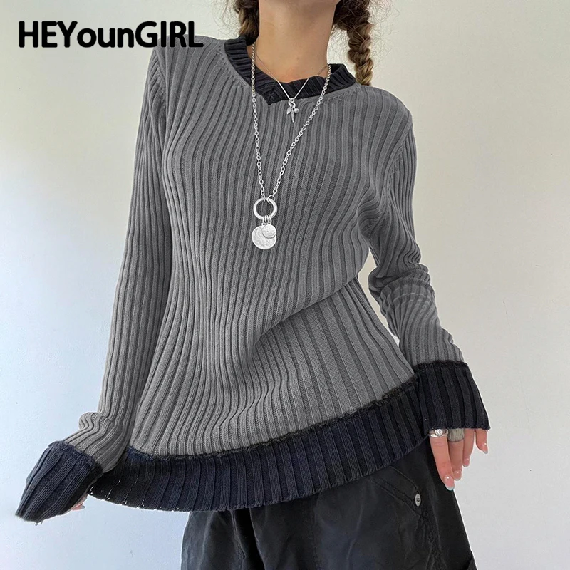 

Женские пуловеры HEYounGIRL контрастных цветов с V-образным вырезом в стиле ретро Y2K с длинным рукавом облегающий свитер зимняя одежда базовые корейские уличные наряды
