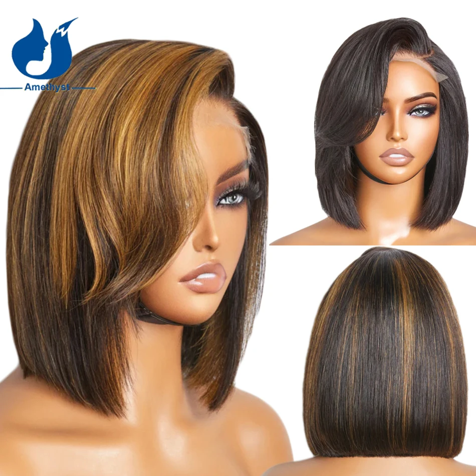 

Amethyst Blonde Highlight 5.5X4.5 PU Silk Base Lace Closure Bob Human Hair Wigs With Bangs For Women Remy Brazilian Glueless